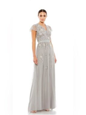 Mac Duggal Silver Gray Embroidered V-Neck Maxi Gown NWOT